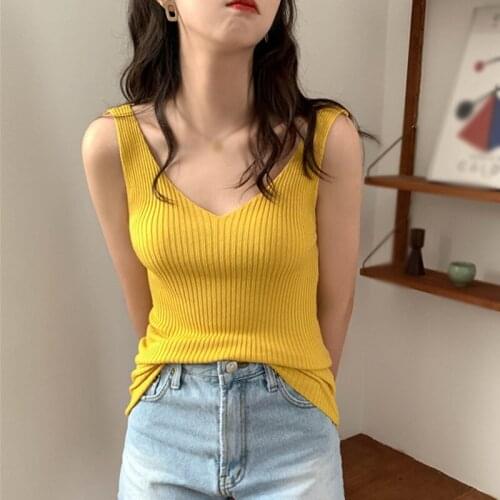 Women Tank Tops Korean Style Sexy V-neck Knitted Sling Vest Fashion Wild Simple Solid Color Camisole For Women Girls