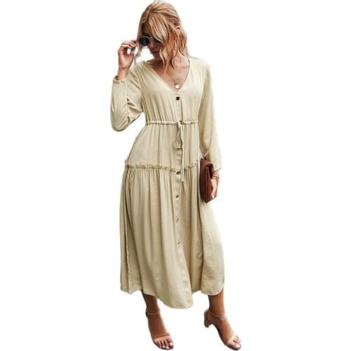 European and American hot-selling womens autumn and winter new products simple V-neck dress women