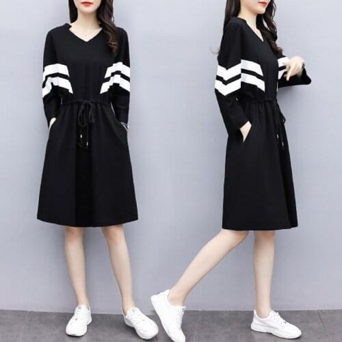 Womens Loose Slim Casual Autumn Dress Long Sleeve Black White Patchwork Fashion Belt Stripe Vintage Dresses Clothes For Woman