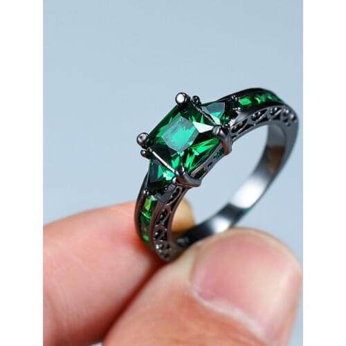 Luxury Female Green Square Stone Ring Vintage Black Gold Engagement Rings For Women Promise Love Wedding Band Ring