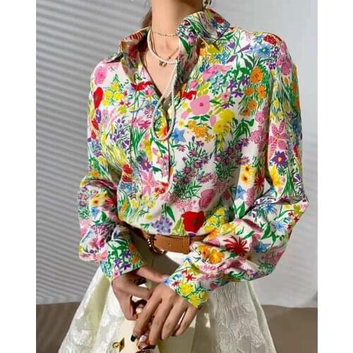 2021 New Spring Summer Women Loose Long Sleeve Turn-down Collar Blouse Print Hidden Discount Chiffon Pullover Casual Shirts W279