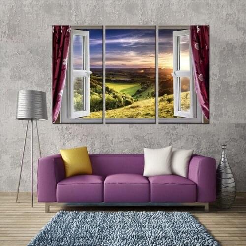 3 Pieces/set Canvas Art Canvas Painting Window View Stickers Landscape 3 Panel Decorations For Home Wall Art Prints Canvas\A298