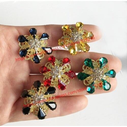 6pcs/lot 28mm gold crystal button water-drop flower rhinestone decorative button red dark blue yellow peacock green stone button