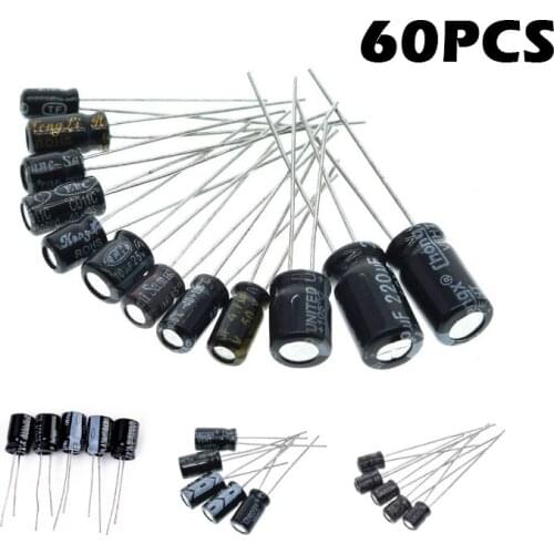 60pcs 0.1uF-470uF Electrolytic Capacitor assortment set pack