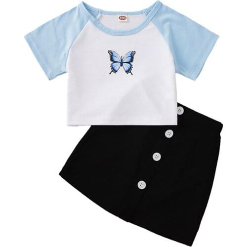 OPPERIAYA Kids Fashion 2-piece Summer lovely Outfit Set Butterfly Print T-shirts solid Button Skirts Set for Children Baby Girls