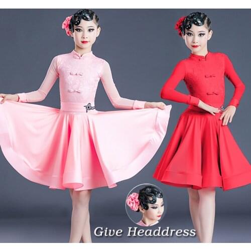 Kids Latin Dance Dress GirlsCompetition Suit Long Sleeve Chinese Button Red Dress Samba Cha Cha Rumba Practice Clothing BL5037