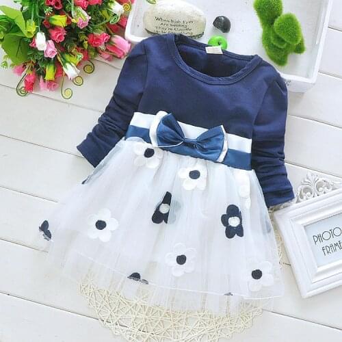 2015 Korean Blue Girls Dress Plum Blossom Flower Print Spring and Autumn Kids Clothing Size 6M-24M