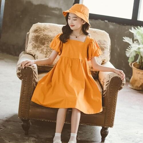 4 To 15 Years Orange Purple Children Girls Puff Sleeve Dress Teenager Baby Dresses For Girl Kids Party Holiday Dress With Hat