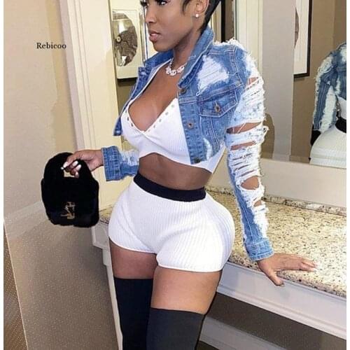 2021 Lapel Cow Jacket Womens Jacket Retro Sexy Hole Short Jeans Casual Blue Fashion Womens Jacket