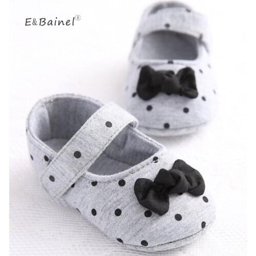 Cute Spring Autumn Baby Shoes Sweet Polka Dot Butterfly-Knot Toddlers Crib Shoes Girls First Walkers Grey Color