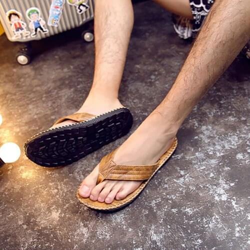 Summer Pu Leather Mens Flip Flops British Wind and Sandals Slippers Feet Non-slip Thick Bottom Flat Heel Beach Shoes Slippers Y
