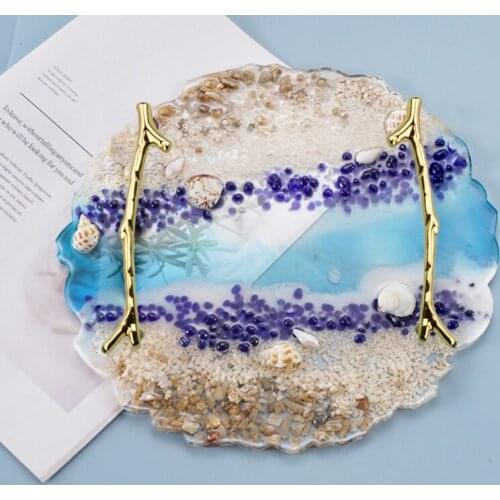 Irregular Round Silicone Resin Tray Mold with 2 Pcs Gold Handles Agate Tray Mold R2LE
