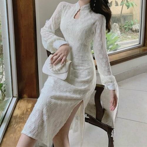 Bella Philosophy Wonder new Elegant Cheongsam Dress Chinese Style New Solid Sheath Button Split Midi Dresses Slim Chic Vestidos
