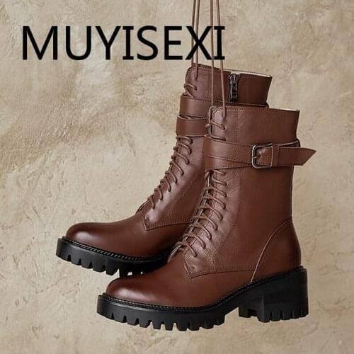 Metal fasteners genuine leather round toe 5.5cm high square heel lace up zipper keep warm coolest motorcycle boots YT19 MUYISEXI