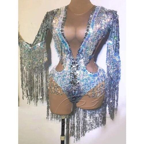 Sexy Gogo Dance Costume Women Silver Sequined Tassel Bodysuit Bar Dj Ds Stage Costumes Crystal Sexy Singer Party Wear VDB3655