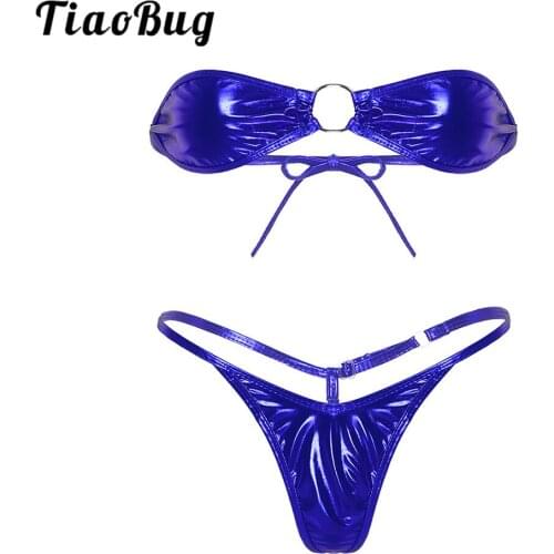 TiaoBug Women Shiny Metallic Sexy Bikini Set Tie-up Strapless Bra Mini Tops with Thongs G-String Underwear Swimwear Beachwear