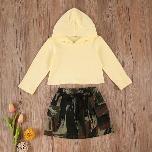 Spring Autumn Infant Kids 2pcs Outfits Long-Sleeves Hoodie Tops + Camouflage Elastic-Waist Skirt for Little Girls 1-6 Years