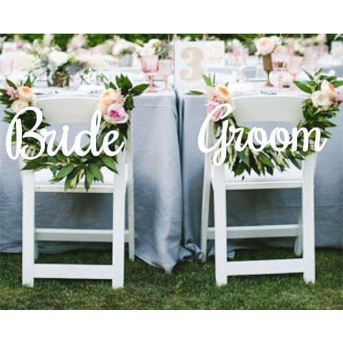 Hanging Wedding Bride and Groom Chair Signs in White Calligraphy Wedding Signs Wedding Decoration