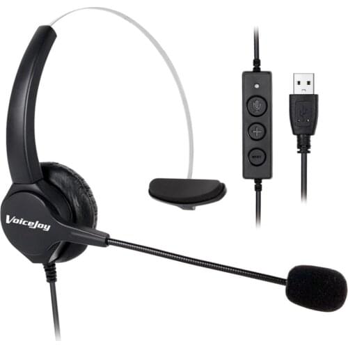 VoiceJoy Call Center Noise Cancelling Corded Monaural Headset with Mic Microphone with USB Plug, Volume Control and Mute switch