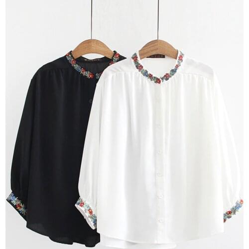 Plus size 6XL ethnic embroidery women blouse black white workwear tops