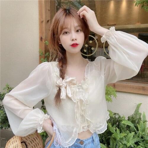 Women Sheer Chiffon Beach Cover Up Top Long Sleeve See Through Summer Ruffle Neckline Tie Front Casual Cute Tops