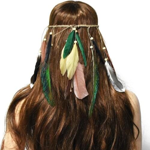 Women Colorful Feather Boho Hair Bands Hippie Festival Gypsy Tribe Beads Headband Bohemian Retro Hair Accessories Holiday