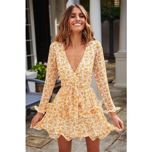 Women Floral Wrap Dress Deep V-neck Tie Up Front Ruffle Mini Dress Spring Autumn Office Lady Slash Neck Printed A-Line Dress