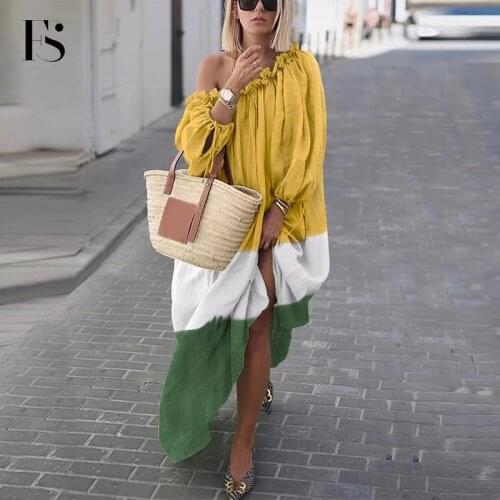 2020 New Arrival Long Sleeve Plus Size Slash Neck Boho Dresses Lot Solid Shiny Summer Bohemian Beach Maxi Dress For Women Summer