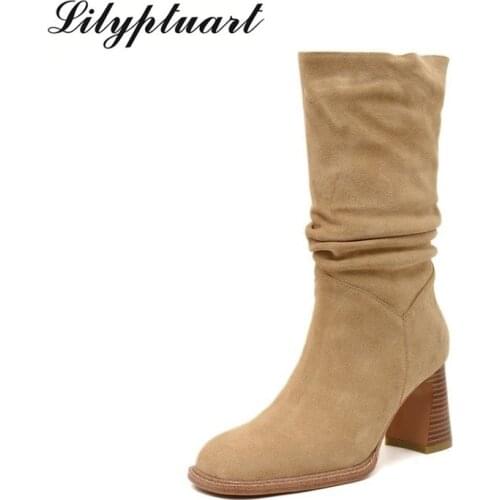 Winter Womens Retro Western Boots Cow Suede Material Thigh Mid-tube Boots Square Toe Thick High Heel All Leather Womens Shoes