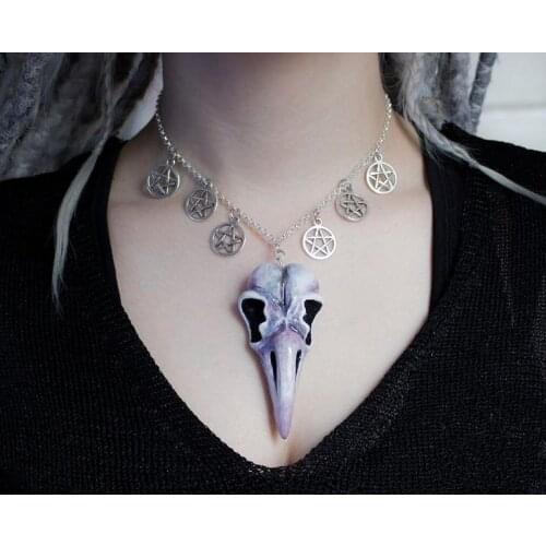 White Raven Skull Witchy Bird Pendant, Goth Crow Necklace, Resin Handmade Jewerly, Witchy Wiccan Pagan Gothic Gift