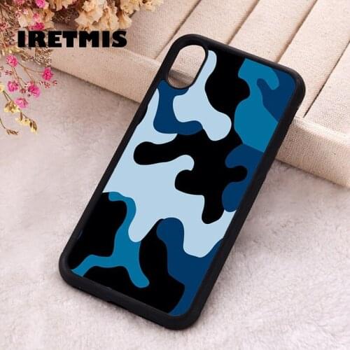 Iretmis 5 5S SE 2020 Phone Cover Case for iPhone 6 6S 7 8 Plus X Xs XR 11 12 Mini Pro Max Silicone Army camouflage blue print