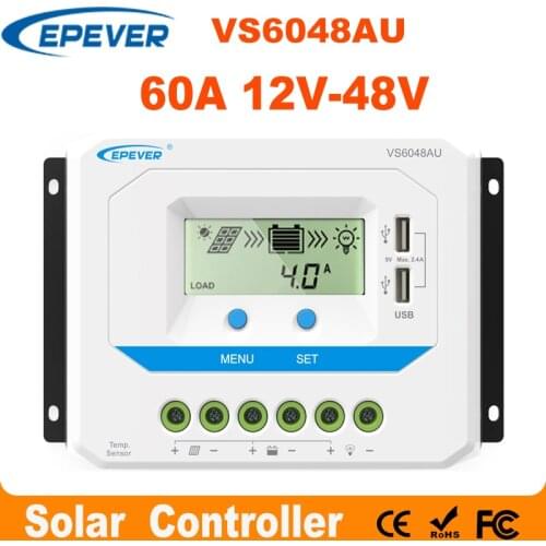 EPEVER 60A Solar Controller 12V 24V 36V 48V Auto VS6048AU PWM Charge Controller with Built in LCD Display and Double USB 5V Port