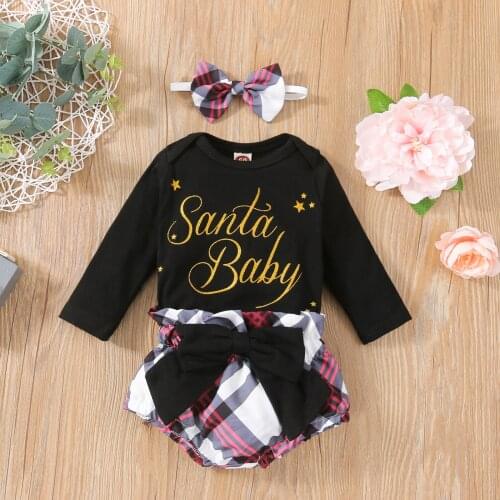 Baby Girl Christmas Clothes Set Fashion Newborn Infant Letter Romper Top Shorts Bow Headband 3Pcs For Toddler Outfits
