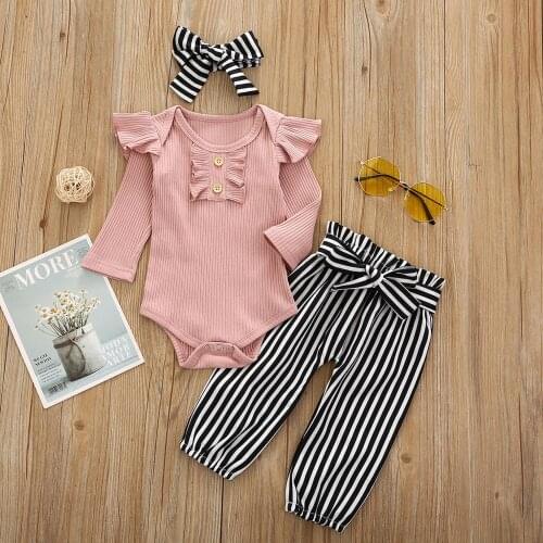 3Pcs Newborn Baby Girl Clothes Set Fashion Autumn Long Sleeve Solid Color Romper Tops Pants Headband Infant Clothing Outfits