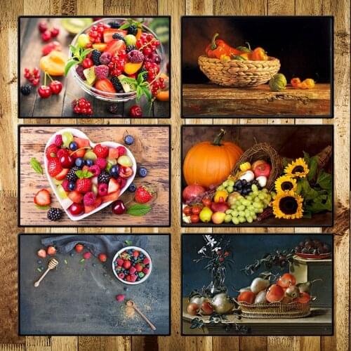 Kitchen Decoration Food Painting Fruits and Fruit Basket Blueberry Strawberry Canvas Horizontal Poster Fruit Decoration Painting