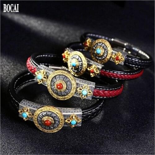 100% real s925 pure silver jewelry rotatable nine palace gossip leather rope Men Bracelet King Kong Pestle