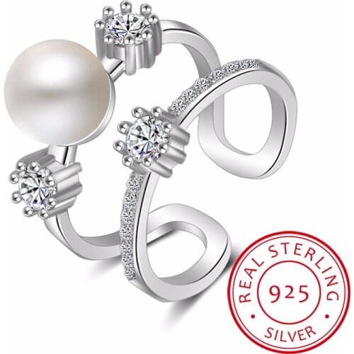 Dazzling Micro CZ 925 Sterling Silver Ring Setting Zirconia Pearl Double Rows Opening Rings Bague anillos For Women S-R338