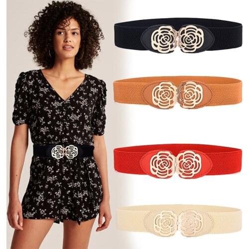 Girdle Ladies Sweet INS Fashion Metallic Retro Elastic Canvas Belt Girls Double Button Dress Belt Flower Pattern Buckle Belt