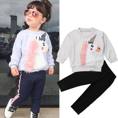 2018 Newly Toddler Baby Girls Lovely Causal Clothes 2PCS Cartoon Print Long Sleeve Pullover Grey Tops+Black Pants 6M-5Y