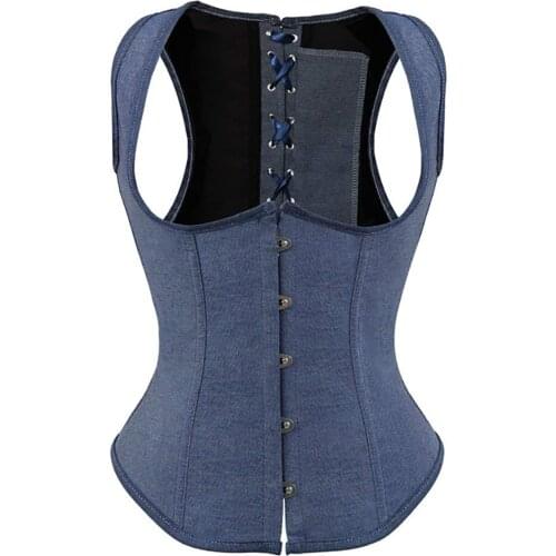 Sexy Womens Blue Denim Straps Corset Vest Gothic Lace Up Boned Waist Cincher Underbust Corset Shaper Bustier Top Plus Size S-6XL