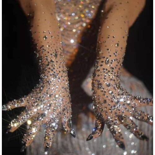 Sexy Stage Stretch Rhinestones Gloves Women Sparkly Crystal Mesh Long Gloves Dancer Singer Nightclub Dance Stage Accessories