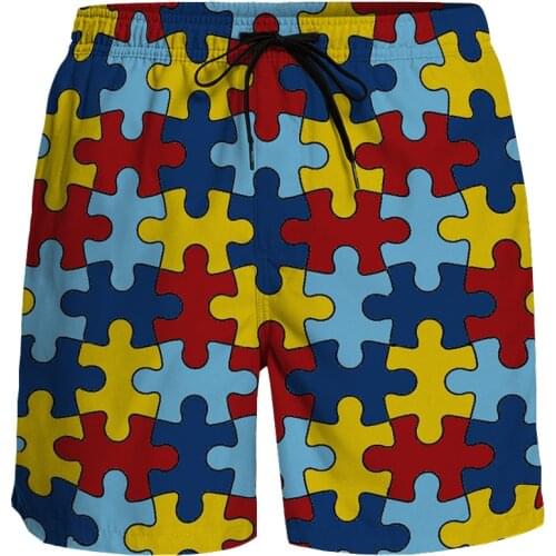 Casual Shorts Men Colours Puzzle Pattern Printing Fashion Shorts Breathable Quick Dry Surfing Beach Pants Running Sports Shorts