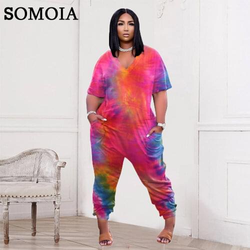 5XL Plus Size One Piece Womens Clothing Sexy V Neck Fashion Tie Dye Personalized Pocket Loose High Street Trousers Jumpsuit