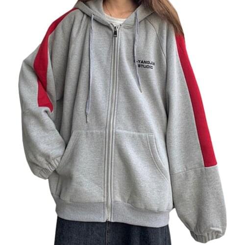 ZuoLunOuBa Autumn Winter Korean Zipper Women Hoodie Harajuku Letters Red Stripes Sweatshirt Loose Fleece Gray Pullover Female