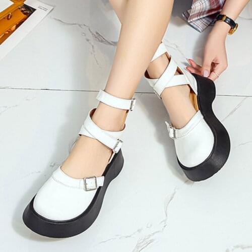 Lolita Shoes Cross-tied Flat on Platform Shoes Women Buckle Strap Leather Thick Sole Casual Shoes White Mary Janes Shoe 9285G