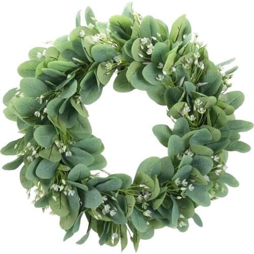 15.7 Inch Artificial Eucalyptus Wreath Green Leaf Faux Boxwood Wreath Spring Summer Outdoor Ornaments for Front Door