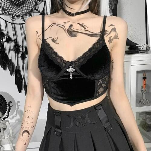 Vintage Gothic Black Y2K Sexy Tank Camis Women Velvet Lace Streetwear Skinny Camisole Sleeveless Grunge Fashion Summer Crop Tops