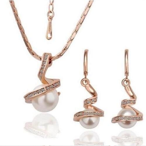 Pearl Jewelry Rose Gold Earrings And Necklace Sets For Women Crystal Full Set