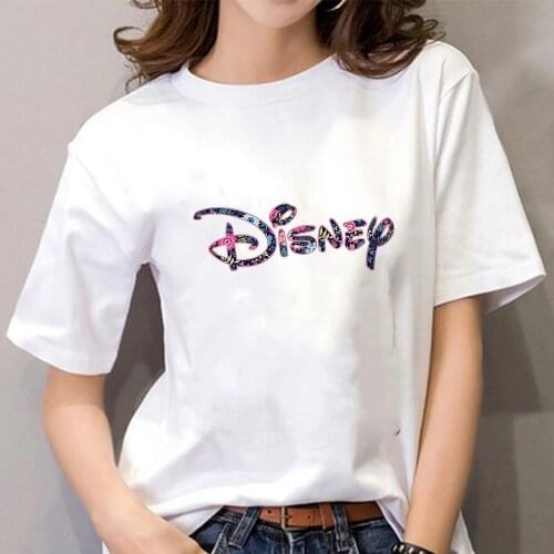 Disney Floral Print Logo Premium T-Shirt Kawaii Short Sleeve T shirt Women Funny Cartoon Tshirt Harajuku Graphic Cute Tshirt
