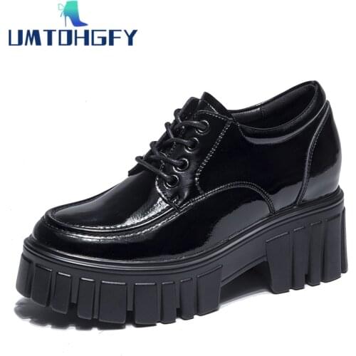 REVT Spring Autumn Womens Shoes Thick Bottom 6CM Comfortable Patent Leather Female Casual Wedges Shoes British Lack Up Boots